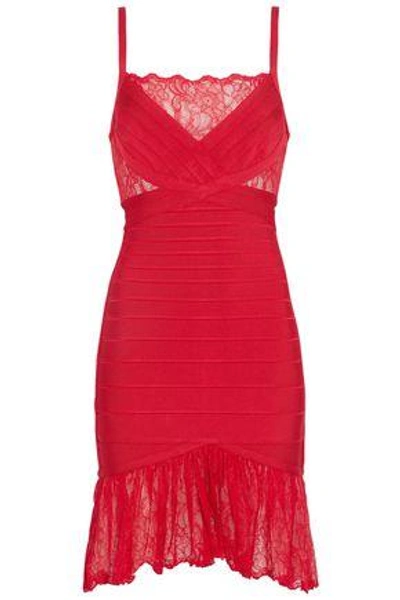 Shop Herve Leger Woman Lace-paneled Bandage Dress Red