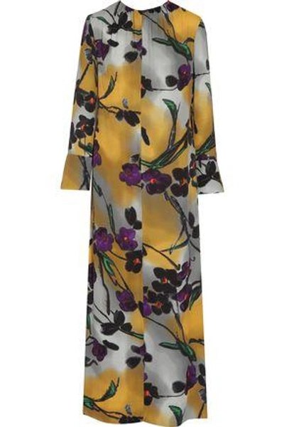 Shop Marni Floral-print Satin-crepe Maxi Dress In Yellow
