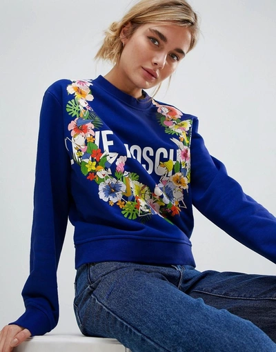 Shop Love Moschino Tropical Logo Sweater - Blue