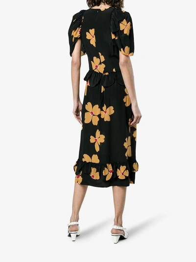 Shop Simone Rocha Floral Print Scallop Trimmed Silk Dress In Black