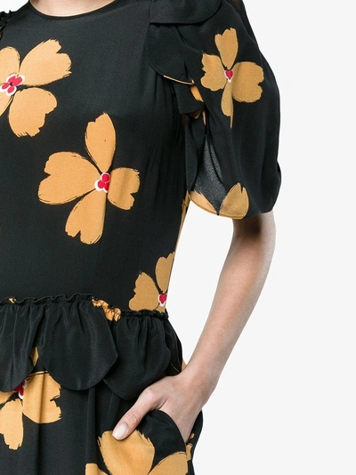 Shop Simone Rocha Floral Print Scallop Trimmed Silk Dress In Black