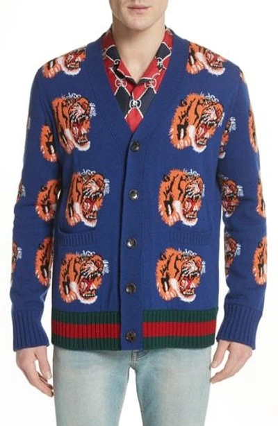 Shop Gucci Tiger Head Wool Cardigan In Ink-multi