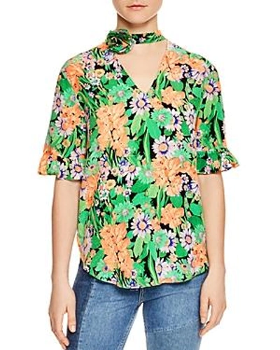 Shop Sandro Reda Floral-print Silk Choker Top In Almond Green