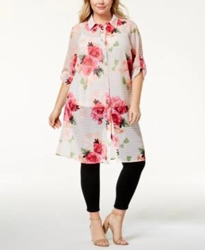 Shop Calvin Klein Plus Size Printed Button-front Tunic In Latte Spring Rose