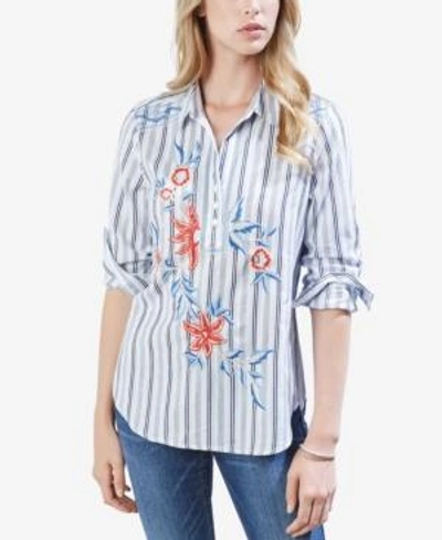 Shop Karen Kane Cotton Striped Floral-embroidered Shirt