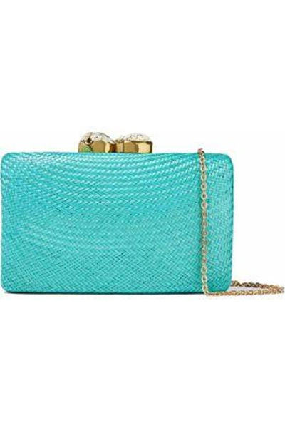 Shop Kayu Woman Embellished Woven Straw Clutch Turquoise