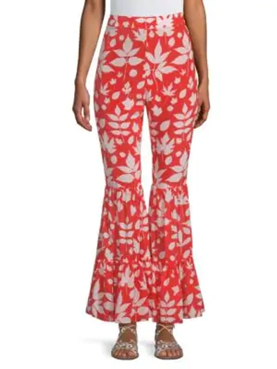 Shop Carolina K Elena Ruffle Silk Pants In Red Leaves