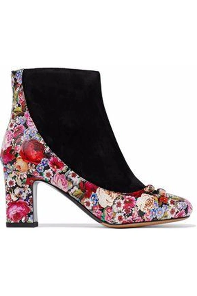 Shop Tabitha Simmons Woman Suede And Floral-print Leather Ankle Boots Pink