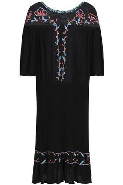 Shop Antik Batik Odelia Embroidered Mesh-paneled Crinkled-voile Dress In Black