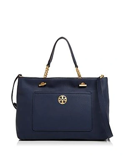 Shop Tory Burch Chelsea Leather Satchel In Royal Navy/gold