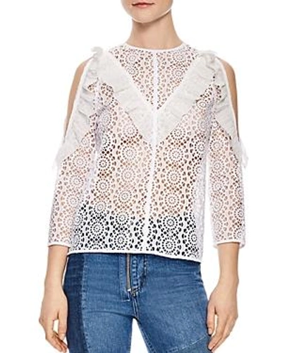 Shop Sandro Bonnie Ruffled Sheer Lace Cold-shoulder Top In White