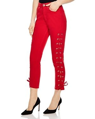 Shop Sandro Hadera Cropped Lace-up Skinny Jeans In Red