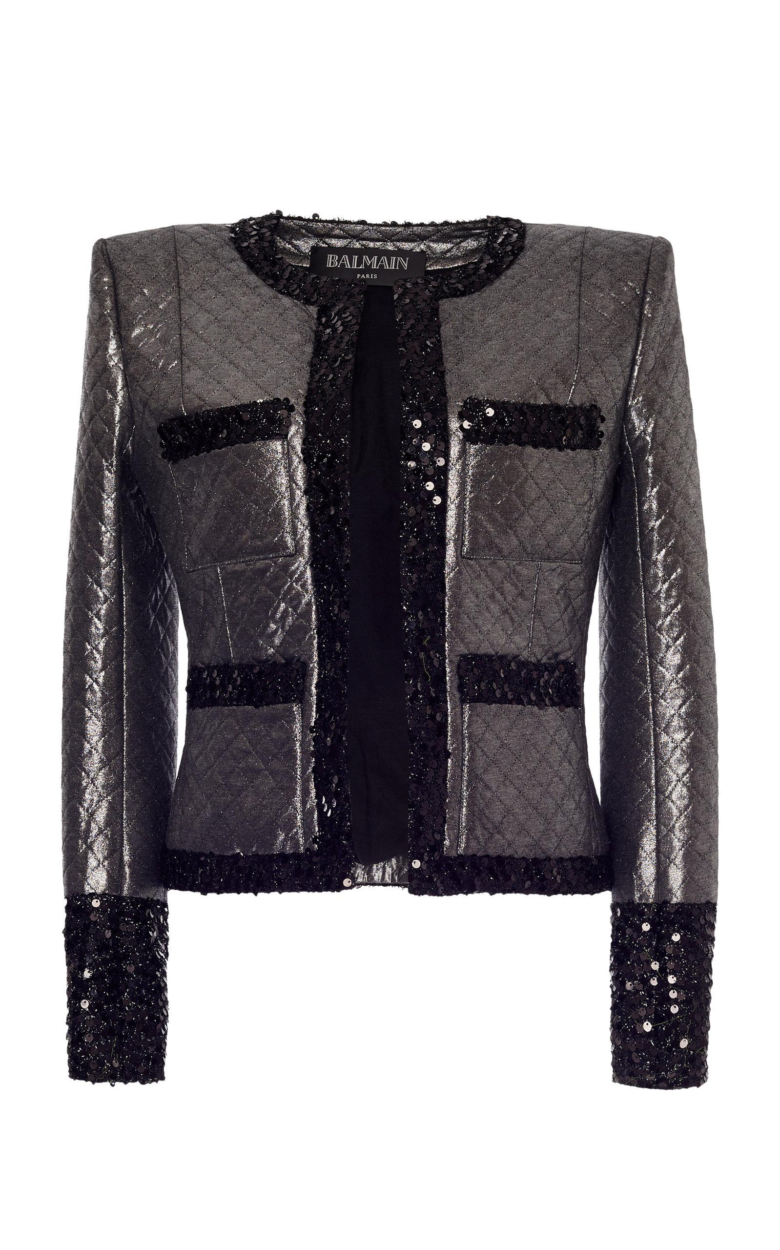 Balmain Quilted Sequin Trimmed Jacket In Silver | ModeSens
