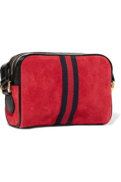 Shop Gucci Ophidia Patent Leather-trimmed Suede Shoulder Bag In Red