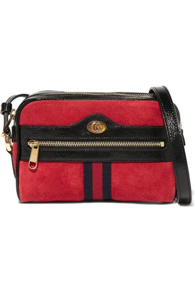 Shop Gucci Ophidia Patent Leather-trimmed Suede Shoulder Bag In Red