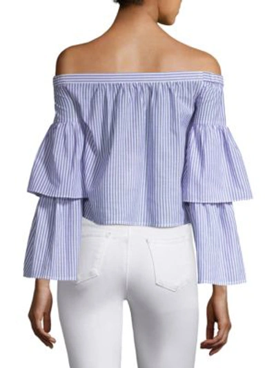 Shop Bcbgmaxazria Striped Off-the-shoulder Top In Chambray White
