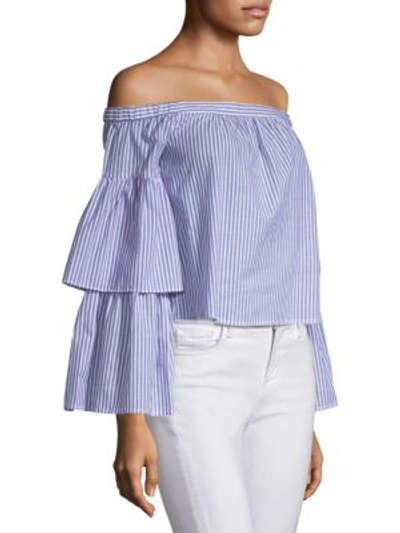Shop Bcbgmaxazria Striped Off-the-shoulder Top In Chambray White