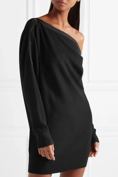 Shop Alexander Wang T Off-the-shoulder Ribbed Merino Wool-blend Mini Dress In Black
