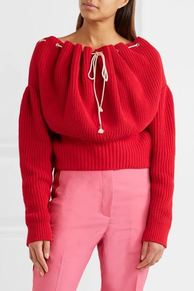 Shop Calvin Klein 205w39nyc Ruched Ribbed Cotton Sweater In Red