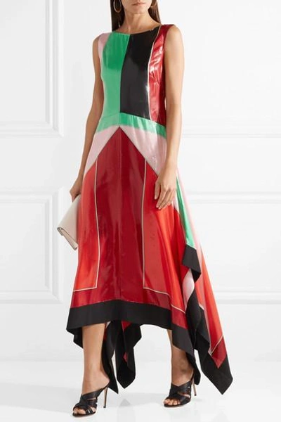 Shop Diane Von Furstenberg Asymmetric Color-block Textured-silk Maxi Dress In Red