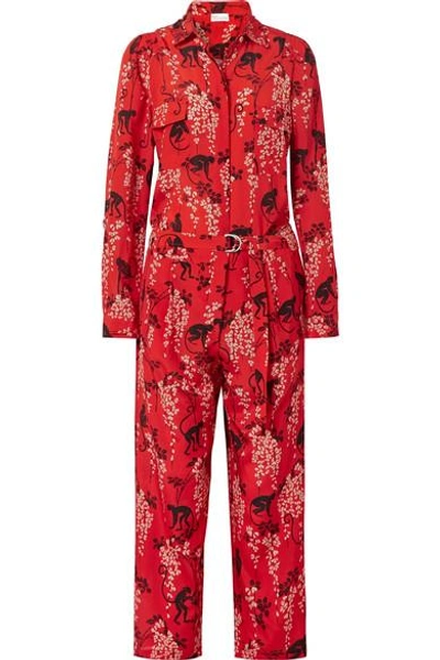 Shop Red Valentino Printed Silk-crepe Jumpsuit In Red