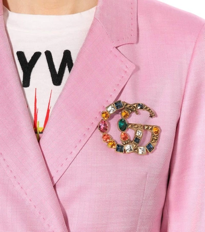 Shop Gucci Double G Crystal-embellished Brooch In Multicoloured