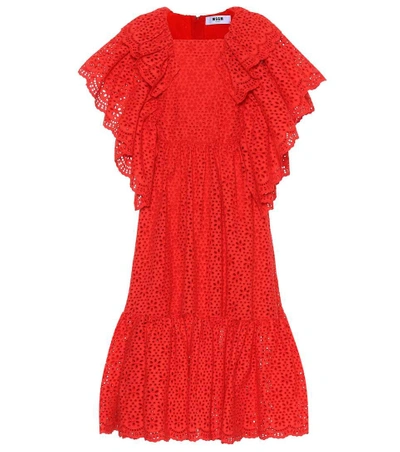 Shop Msgm Eyelet Lace Cotton Midi Dress In Red