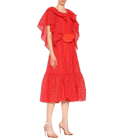 Shop Msgm Eyelet Lace Cotton Midi Dress In Red