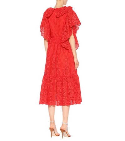 Shop Msgm Eyelet Lace Cotton Midi Dress In Red