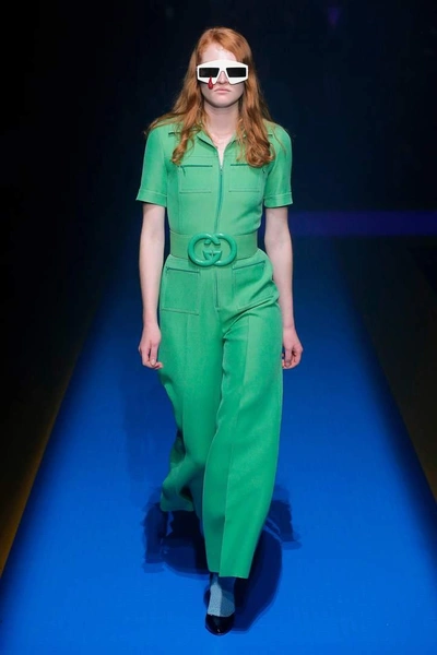 Gucci Short-sleeve Cady Crepe Wool-silk Jumpsuit W/ Front Pocket In Mint  Green Crepe Wool Silk | ModeSens