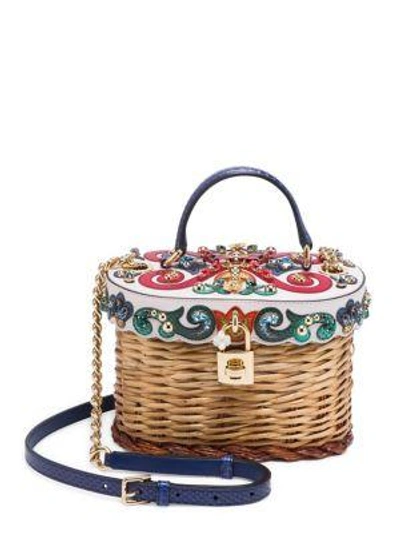 Shop Dolce & Gabbana Maiolica Embellished Wicker Bag In Multi Natural