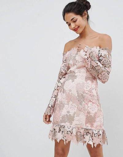 Shop Elliatt Bardot Tonal Lace Mini Dress - Pink