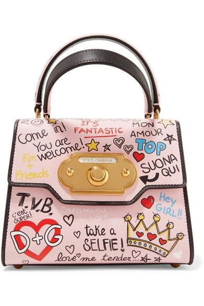 Shop Dolce & Gabbana Welcome Mini Printed Leather Tote In Pastel Pink