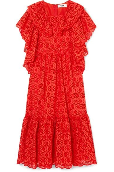 Shop Msgm Ruffled Broderie Anglaise Cotton Midi Dress In Red