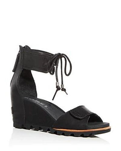 Sorel Women's Joanie Leather Ankle Tie Wedge Sandals In Black | ModeSens