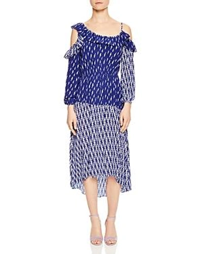 Shop Sandro Kemila Mixed-print Cold-shoulder Midi Dress In Blue