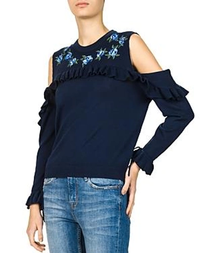 Shop The Kooples Ruffled Cold-shoulder Sweater In Navy