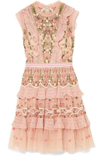 Shop Needle & Thread Tiered Embroidered Tulle Dress In Blush
