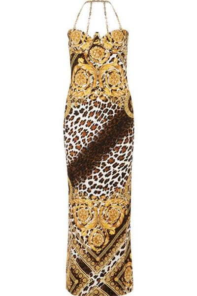Shop Versace Chain-trimmed Printed Satin Gown In Brown