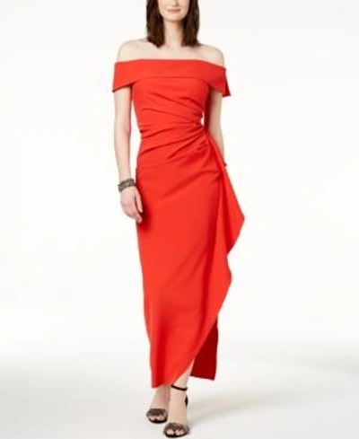 Shop Vince Camuto Ruffled Off-the-shoulder Gown In Red