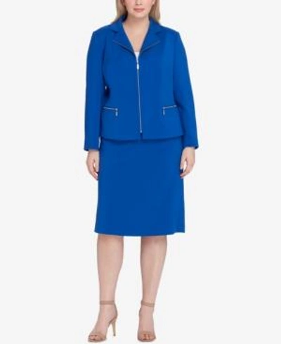 Shop Tahari Asl Plus Size Zip-front Skirt Suit In Lapis