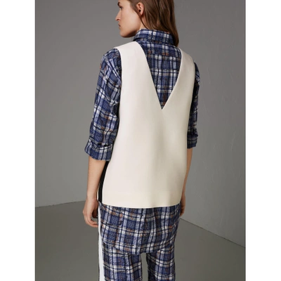 Shop Burberry Satin Stripe Wool Silk Sleeveless Top In Off White