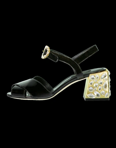 Shop Dolce & Gabbana Patent Jeweled Heel Sandal In Blk-gld