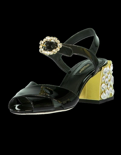 Shop Dolce & Gabbana Patent Jeweled Heel Sandal In Blk-gld