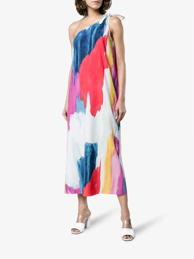 Shop Mara Hoffman Clara One-shoulder Midi Abstract Print Dress In Pink/purple