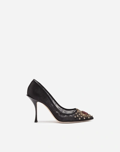 Shop Dolce & Gabbana Mesh Pumps With Embroidery And Appliqués In Black