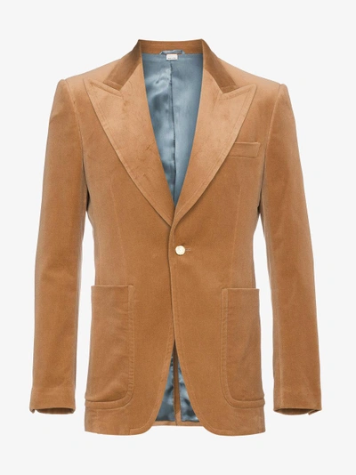 Shop Gucci Camel Velvet Blazer In Brown