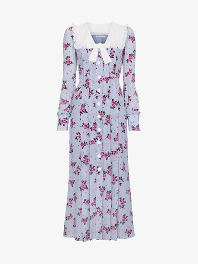 Shop Alessandra Rich Rose Print Silk Dress In Pink&purple