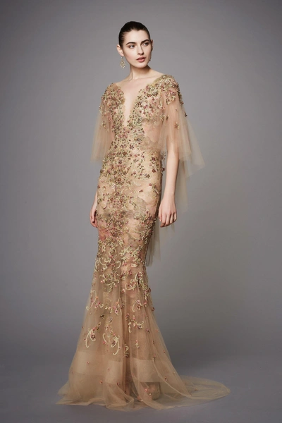 Shop Marchesa Couture Plunging V-neck Fit And Flare Tulle Gown In Nude