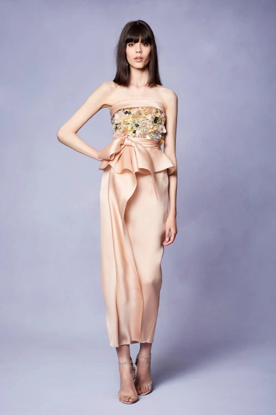 Shop Marchesa Couture Strapless Satin Faced Organza Midi Tea Dress In Apricot